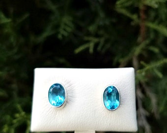 Blue Topaz Stud Earrings - Sterling Silver Blue Topaz Earrings - December Birthstone Earrings - Gemstone Studs