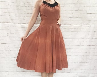 Vintage 40s Copper Velvet Collar Flared Skirt Swing Dress XS Costume Clearance