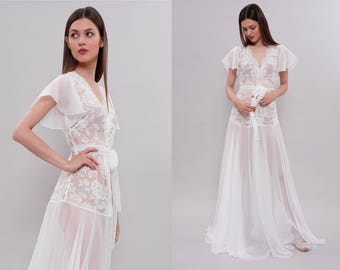 Ivory Lace and Tulle Bridal Robe F27, Bridal Robe, Black Lingerie, Black Sleepwear Lingerie, Boudoir, Christmas Gifts, Silk Robe