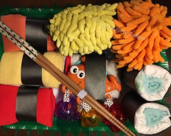 Unique baby shower sushi platter diaper cake