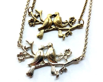 Kissing Lovebirds Necklace: birds on a branch charm, animal jewelry, wedding accessory