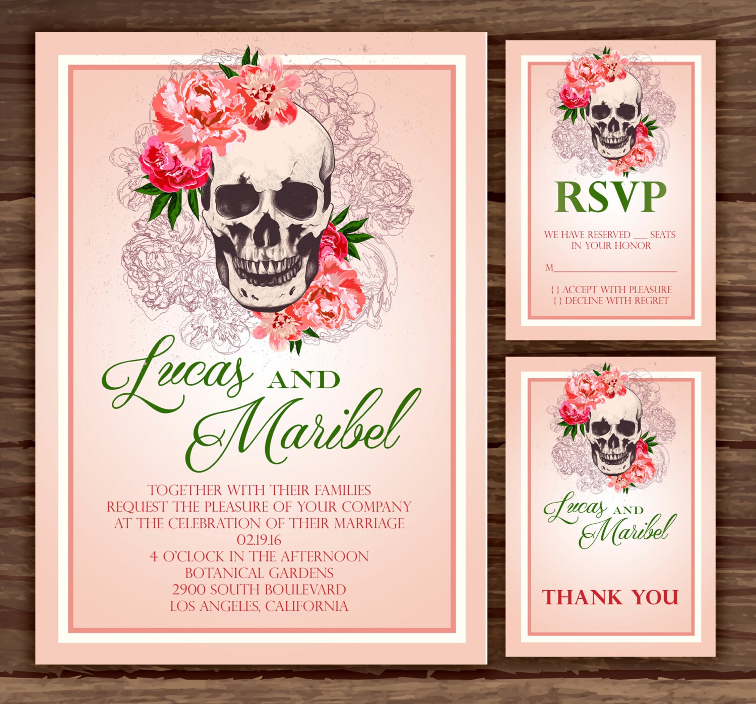 Peony Skull Wedding Invitation Suite Print at Home
