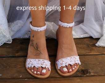Handmade to order/ lace sandals/ bridal sandals/ wedding shoes/ wedding sandals/ white lace sandals/ beach sandals/ "ROMANTIC LACE"