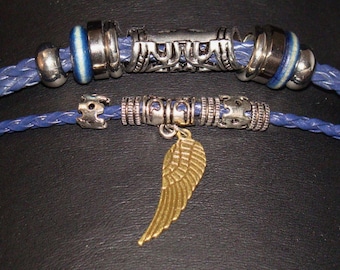 Blue Leather Tri-Layer Bracelet with Wing Pendant