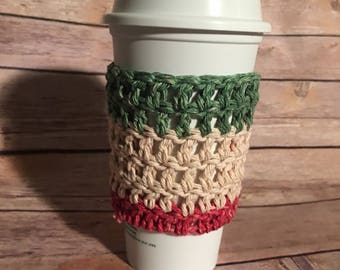 Holiday Green Red and Tan Colored Crochet Coffee Cozy, Drink Sleeve