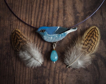 Plumbeous water redstart necklace, nature inspired enamelled bird necklace, blue enamelled copper bib necklace, bird necklace, gift for her