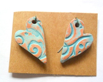 Distressed Turquoise Glazed Terra Cotta Kiln Fired Clay Heart Findings Pair