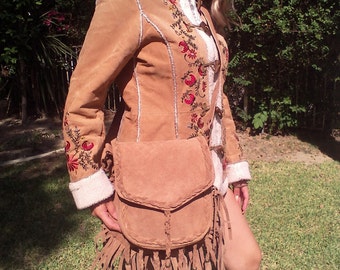 Cross body bag,Saddle bag,purse,bag fringed,Large Boho bag, suede leather, beaded,bags, purses,Tan, fawn,fringed