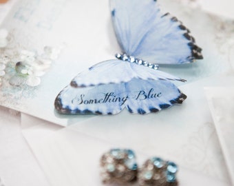 Gorgeous Something Blue silk Butterfly, the perfect wedding day gift. Personalise with your dates - Handmade - Bride - Wedding - Keepsake.