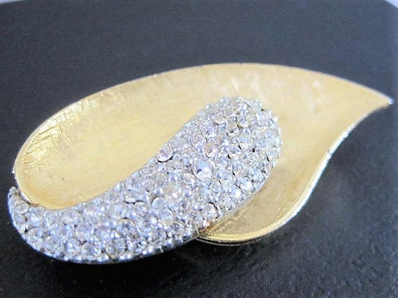 BSK Rhinestone Brooch, Clear Rhinestones, Gold Tone Metal, Leaf Brooch