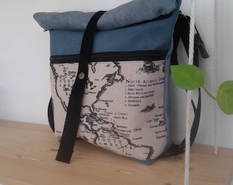 Backpack Convertible bag with vintage map print in black and white