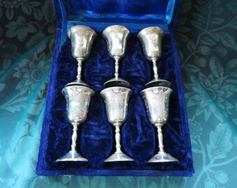 Set Of Six Engraved Silver Plate Sherry Glasses or Goblets in Original Midnight Blue Velvet Box