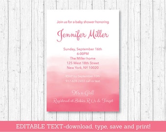 Blush Pink Ombre Baby Shower Invitation / Watercolor Baby Shower Invite / Baby Girl Shower / INSTANT DOWNLOAD Editable PDF A108