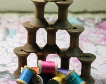2 Antique Dark Brown Wooden Spools