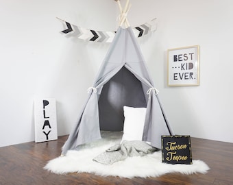 Grey teepee, kids Teepee, tipi, Play tent, wigwam or playhouse with canvas and Overlapping front doors