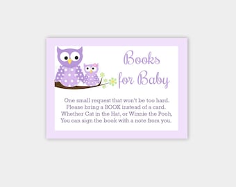 Purple Owls Girl Baby Shower Books for Baby Bring a Book Instead of Card insert Enclosure INSTANT DOWNLOAD bs-017