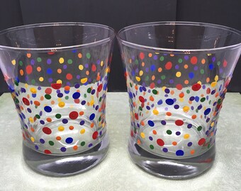 Glasses Rock, Water or Drinking Hand Painted Clear Glass Polka Dot Red, Blue, Orange, Green, Yellow Dots Gift Idea Set of Two One of a Kind