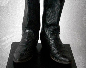 Vintage Justin Western Boots Women's Tooled Leather Size 7 Black Leather and Snake Country & Western Boots