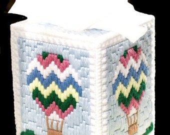HOT AIR BALLOON - Beautiful Boutique Size Tissue Box Cover - Needlepoint on Plastic Canvas - Handmade - Hand Stitched