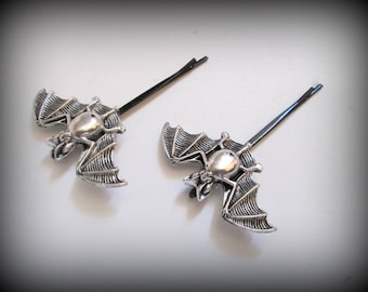 silver Bat bobby pin,antique silver vampire bat bobby pin, gothic bobby pin 1 pair