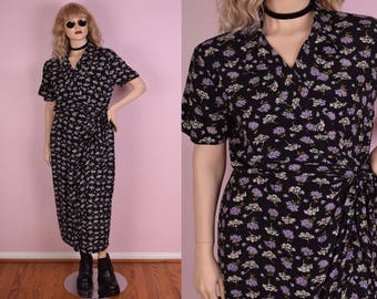 90s Floral Print Wrap Dress/ US 12/ 1990s