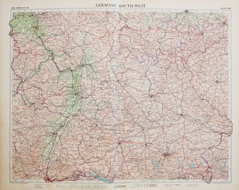 Vintage Map of South West Germany, 1950s Cold War Era. Lovely Pastel Colours (64)