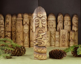 Thor God Wooden Linden Statue. The God Thor And The Jörmungandr. Handmade Wood carving. Thor And Midgard Serpent.