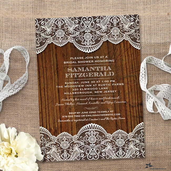 Rustic Lace Wood Bridal Shower Invitation Printable Evite or