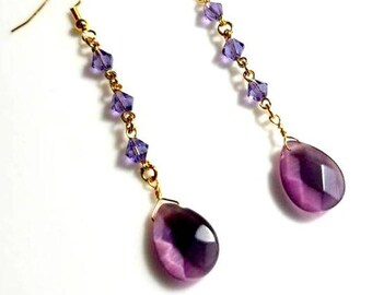 purple teardrop crystal amethyst crystal earrings hypoallergenic earrings nickel free earrings long dangle earrings drop beaded jewelry