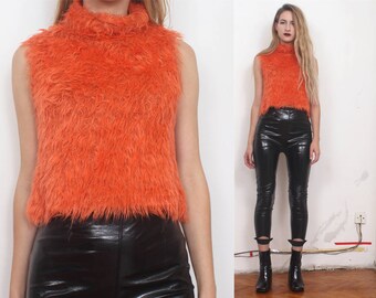 90s orange shaggy raver sleeveless high neck crop top sweater s m l