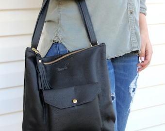 Leather Backpack Convertible - Backpack Purse - Black Leather Backpack Converts to Shoulder Bag - Black Leather Shoulder Bag with Pockets