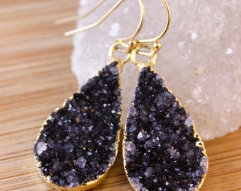 Gold Black Druzy Crystal Earrings - Teardrop Earrings - Classic Earrings