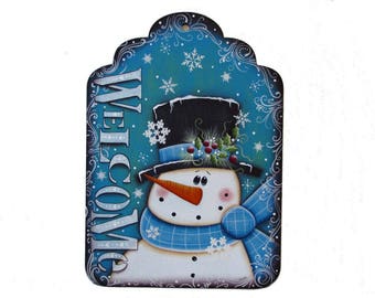 Primitive Snowman Welcome Sign, Handpainted Wood Large Tag, Winter Home Decor Wall Hanging, Wall Art, Tole Decorative Painting