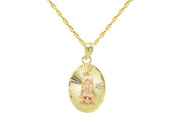 14K Two Tone Gold Virgin Mary Guadalupe Charm Pendant Necklace