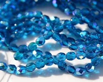 Capri Blue AB 6mm Faceted Fire Polish Round Czech Glass Beads 25