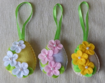 Set of 3 egg ornaments. Embroidered felt Easter ornaments. Easter tree decor. Spring ornaments. Spring decorations. Easter egg ornaments