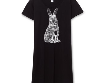 Womens Tshirt Dress - Dress - Womens Black Dress - Rabbit Dress - Cotton - Small, Medium, Large, XL