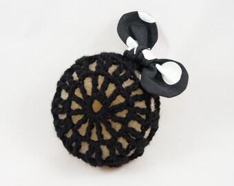 Black Crochet Ballet Bun Cover with Bow - knit/bun wrap/hair accessories/kawaii/ballerina/handmade/boho/snood/gifts for her