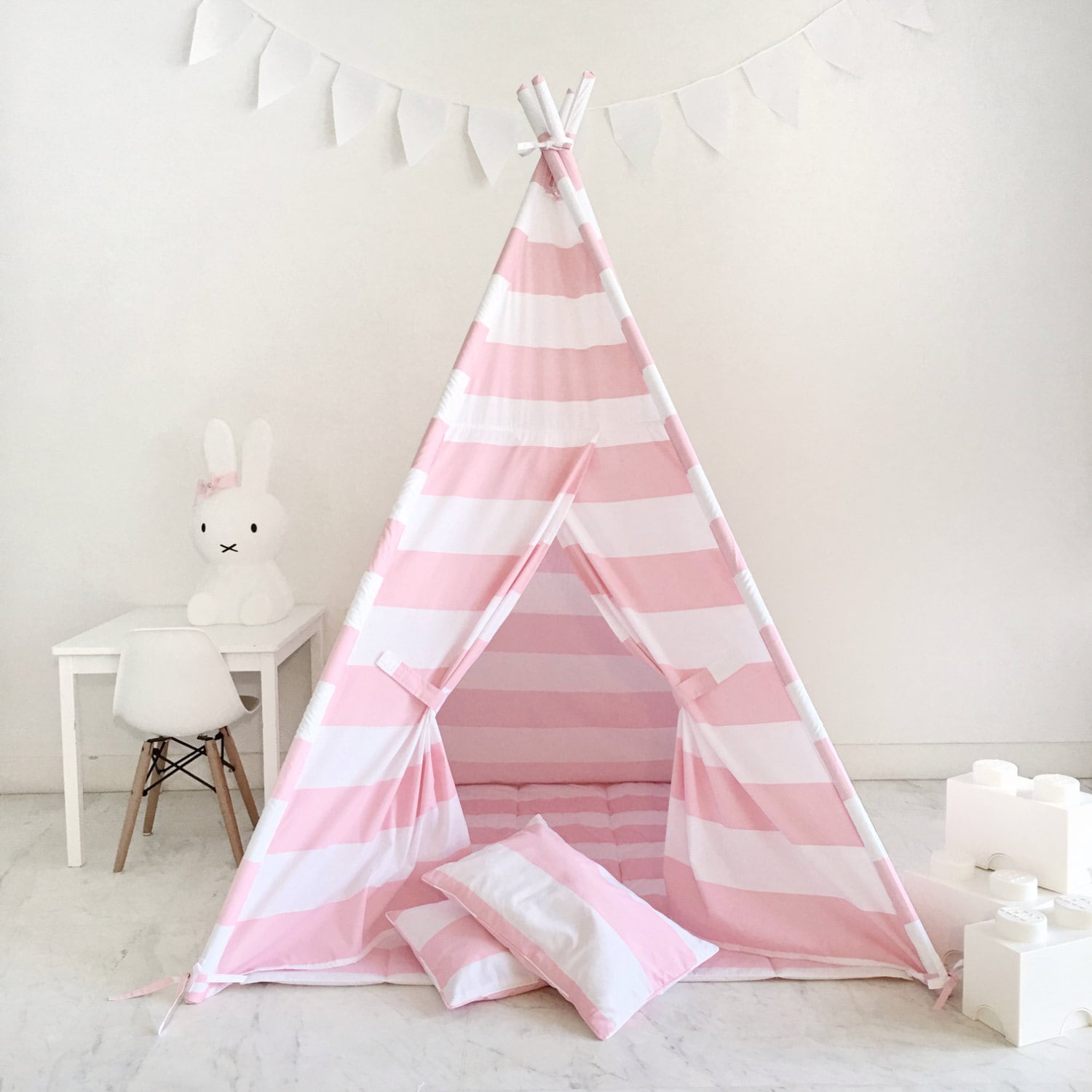 Kids Play Tent Teepee Handmade in Pink and White Stripe