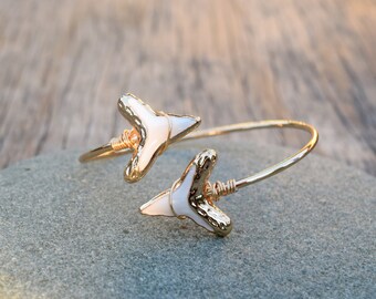 Shark Tooth Bracelet, Sharks Teeth Double Wrap Gold and White Sharks Tooth Bangle Cuff, White Boho Chic Arrow Bangle Bracelet, Spring Bangle
