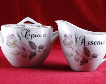 ARSENIC and OPIUM Vintage Style House Sugar Bowl and Creamer Set, lavender/green rose CUSTOMIZABLE