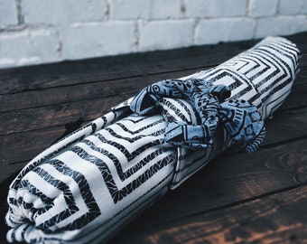Eco Bear Yoga mat bag, black and white geometric jersey drawstring pilates bag with pocket - yoga sling carrier - eco friendly yoga bag