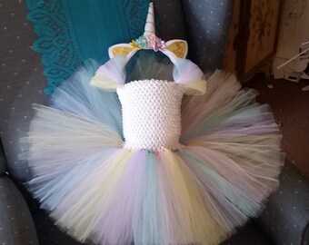 Birthday Pastel Yellow, Lavender, Pink and Blue Unicorn Costume Flower Girl Tutu Dress with Headband