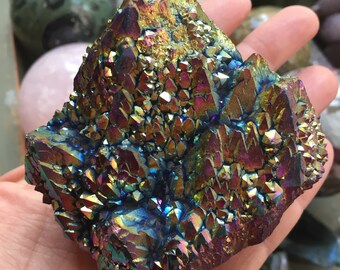 Large Rainbow Flame Aura Quartz Cluster | Electropated | Spiritual Junkies | Reiki Love Infused | Healing Crystal | Gemstone | Altar