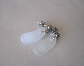 Genuine Sea Glass -White Sea Glass Dangle Earrings - Sea Glass Stud Earrings - Surgical Steel - Prince Edward Island Sea Glass - Ocean Gift