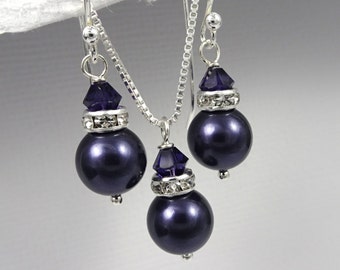 Regency Purple Bridesmaid Jewelry Set, Dark Purple Pearl Jewelry Set, Bridesmaid Jewelry Set, Regency Bridesmaid Gift, Dark Purple Jewelry