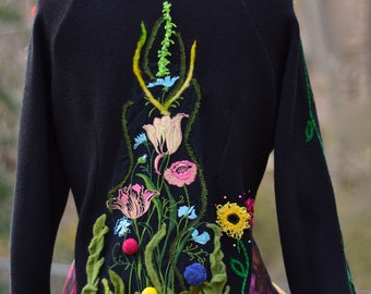Floral sweater COAT, refashioned OOAK clothing, fantasy art to wear with BIRD, festival Gypsy romantic Coat, size L. Ready to ship