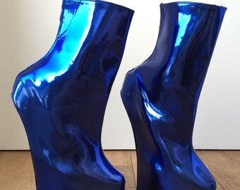 Fetish Stallion Horse Pony Hoof Sole Metallic Cobalt Blue Ankle Boots Golden Zip
