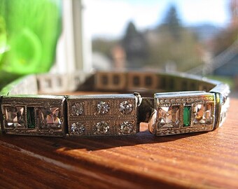 Art Deco Line Bracelet ALL Co A L Lindroth Clear and Emerald Green Rhinestones 7 Inch Excellent Cond from Twenties Thirties