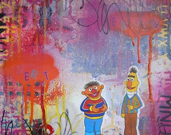 Bert and Ernie- square foot collage painting abstract mixed media Sesame Street